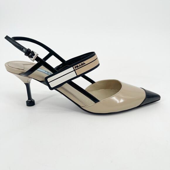 Prada Beige Black Leather Slingback Pointed Toe Mary Jane Cap Toe Heels IT 37 - Picture 4 of 15